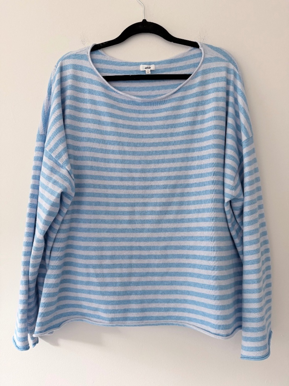 Aerie Sunday Soft Boatneck Sweater Light Blue Stripe Rolled hem Soft Cozy Lounge - Picture 2 of 11